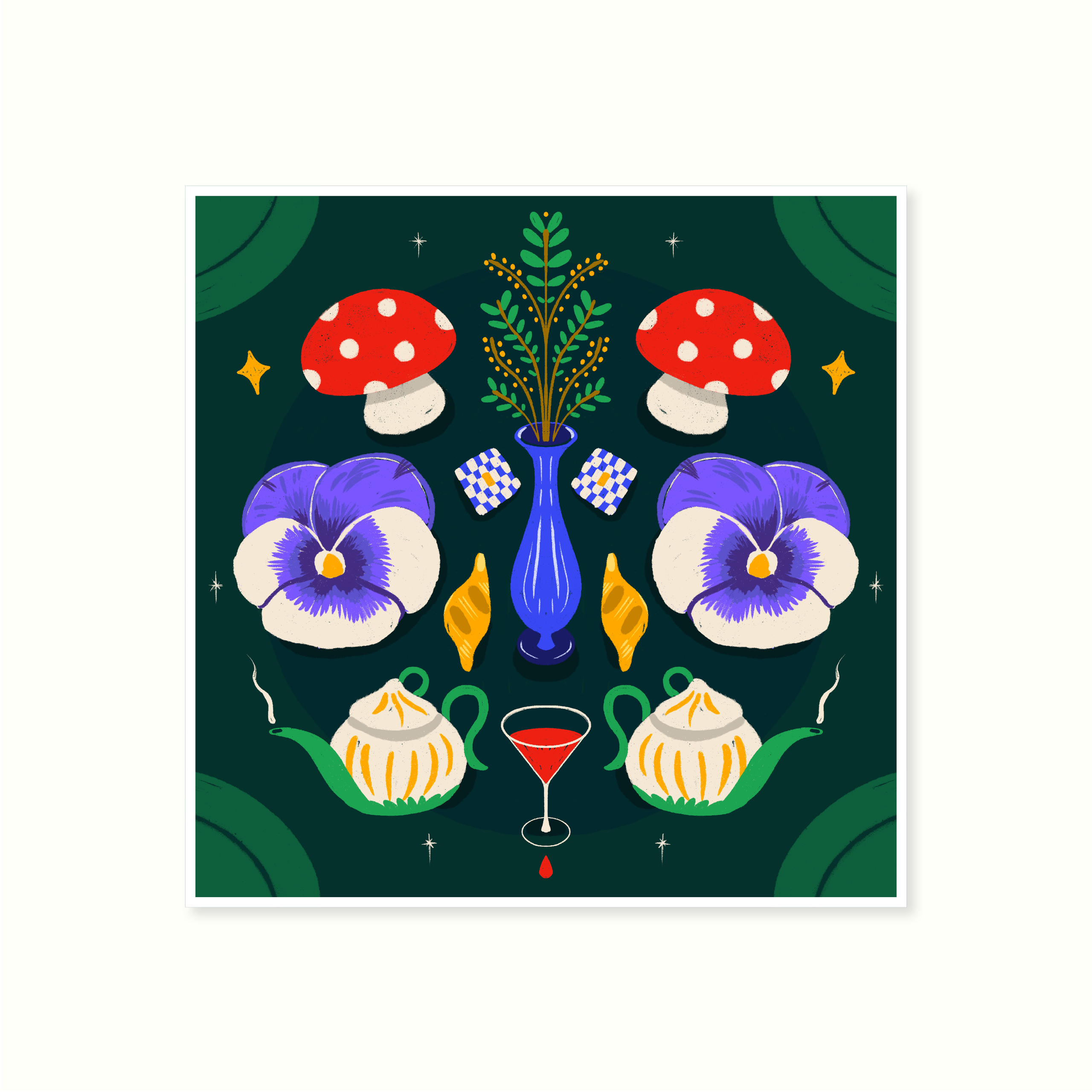 Cathy Hogan Illustration Toadstool Tea Party 25x25cm Print WORKSHOP PGH Cathy hogan illustration toadstool tea party 25x25cm print workshop pgh